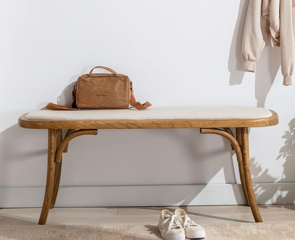 Kmax Upholstered Bench Fabric Entryway Bench Rustic Solid Wood 45 Inch for Living Room/Hallway/Bedroom, Beige