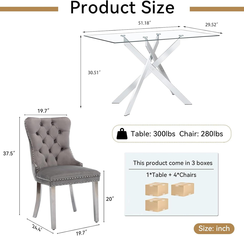 SSLine Modern 5-Piece Silver Glass Dining Table Set for 4, 51" Long Rectangle Glass Kitchen Table with 4 Grey Tufted Chairs for Kitchen Home Office