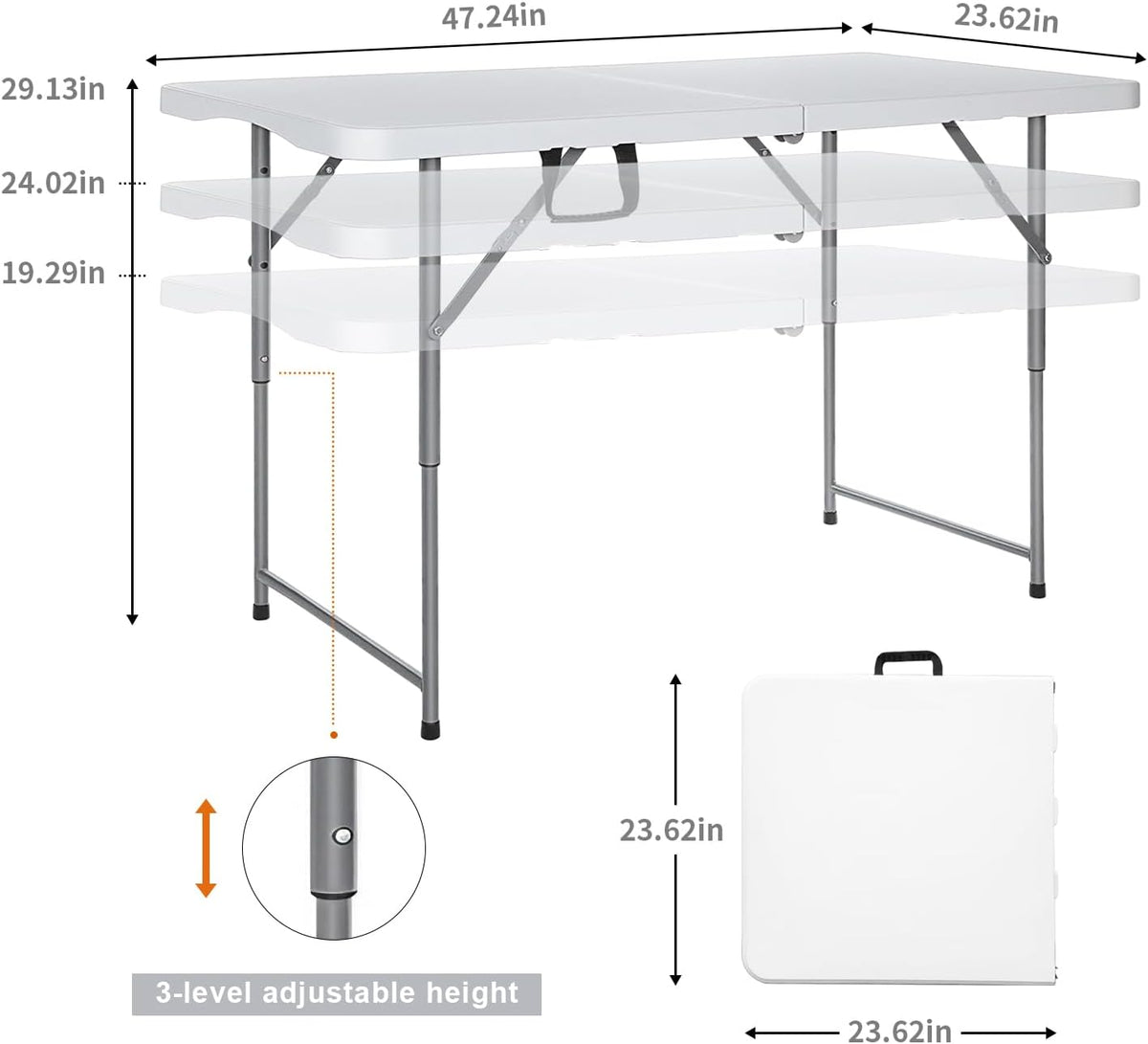 Lakhow Folding Table 4 Foot Adjustable Height with Built in Handle, White