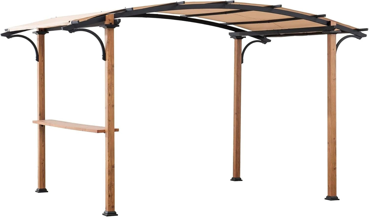 SUNJOY Outdoor Pergola 8.5 x 13 ft. Steel Arched Pergola with Tan Weather-Resistant Heavy-Duty Textilene Fabric Canopy and Bar Shelf – Compact Steel Pergola for Patio, Backyard, Garden Activities