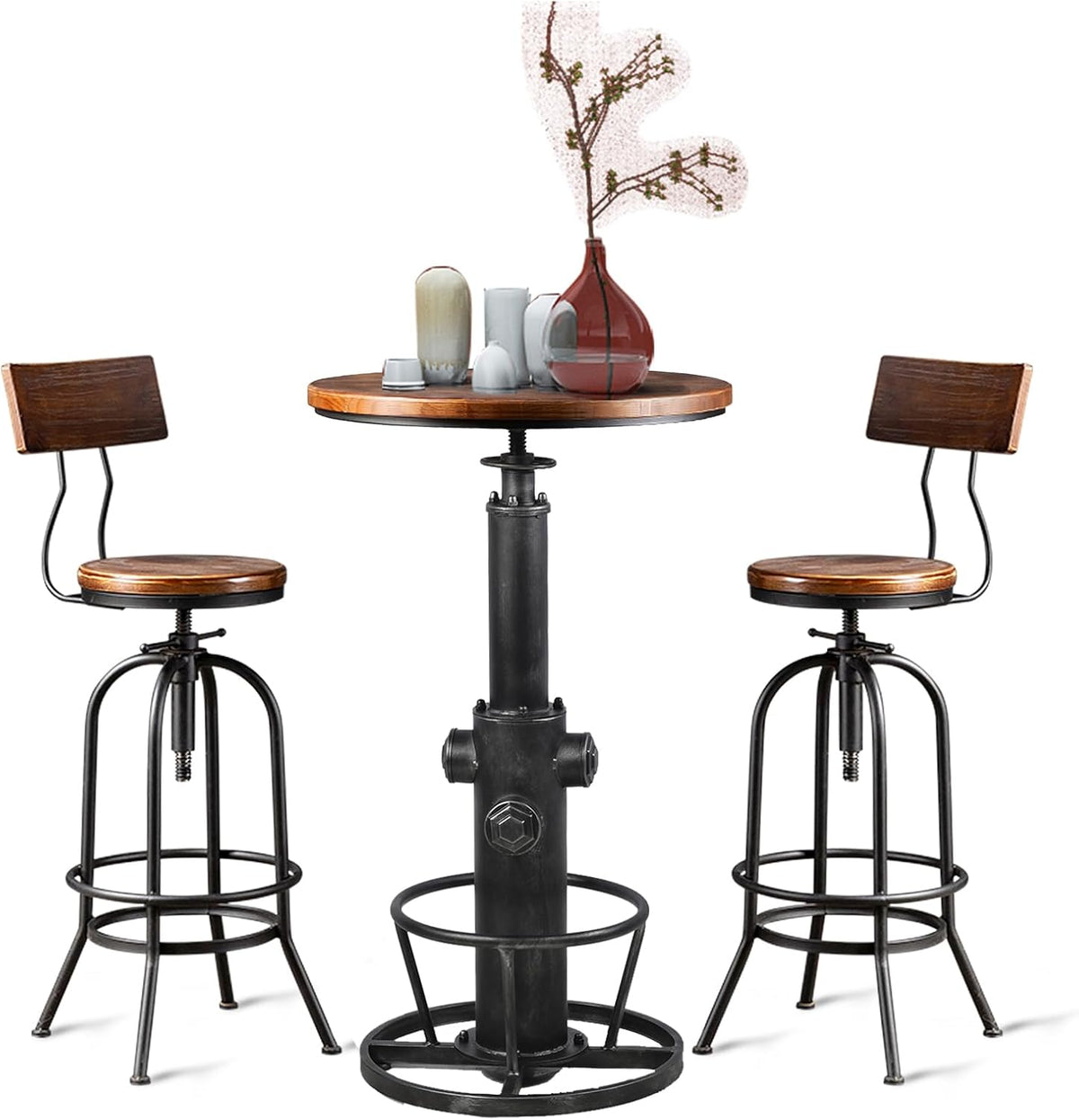 LOKKHAN 3-Piece Bar Table (38.6"-48.4") & 2 Backrest Stools (26"-32") Set for Pub Kitchen Dining Living Party Bistro Breakfast, Swivel Top, Height Adjustable, Most Weld, Space-Saving
