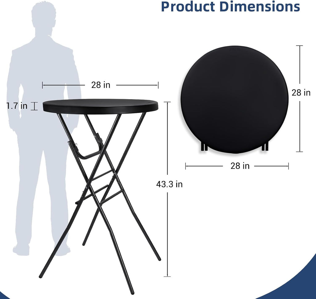 Byliable 28in Folding Cocktail Table, Round Bar Height Table, Black 2-Pack