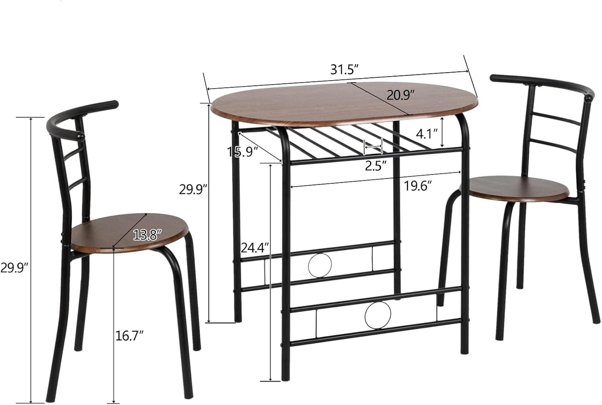 VINGLI 3 Piece Dining Set,Small Kitchen Table Set for 2,Breakfast Table Set for 2,Kitchen Wooden Table and 2 Chairs for Small Space/Dining Room/Apartment,Metal Frame,Wine Rack,Black&Walnut