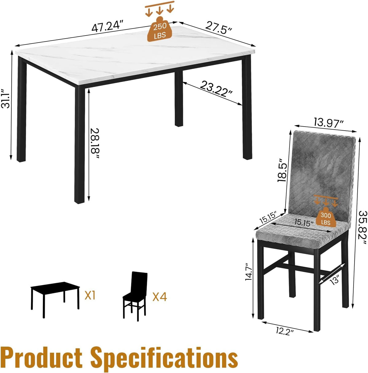 DKLGG Dining Table Set for 4, Faux Marble Kitchen Table with Velvet Upholstered Dinner Chairs, Small Dining Room Sets for Small Space Apartment Home