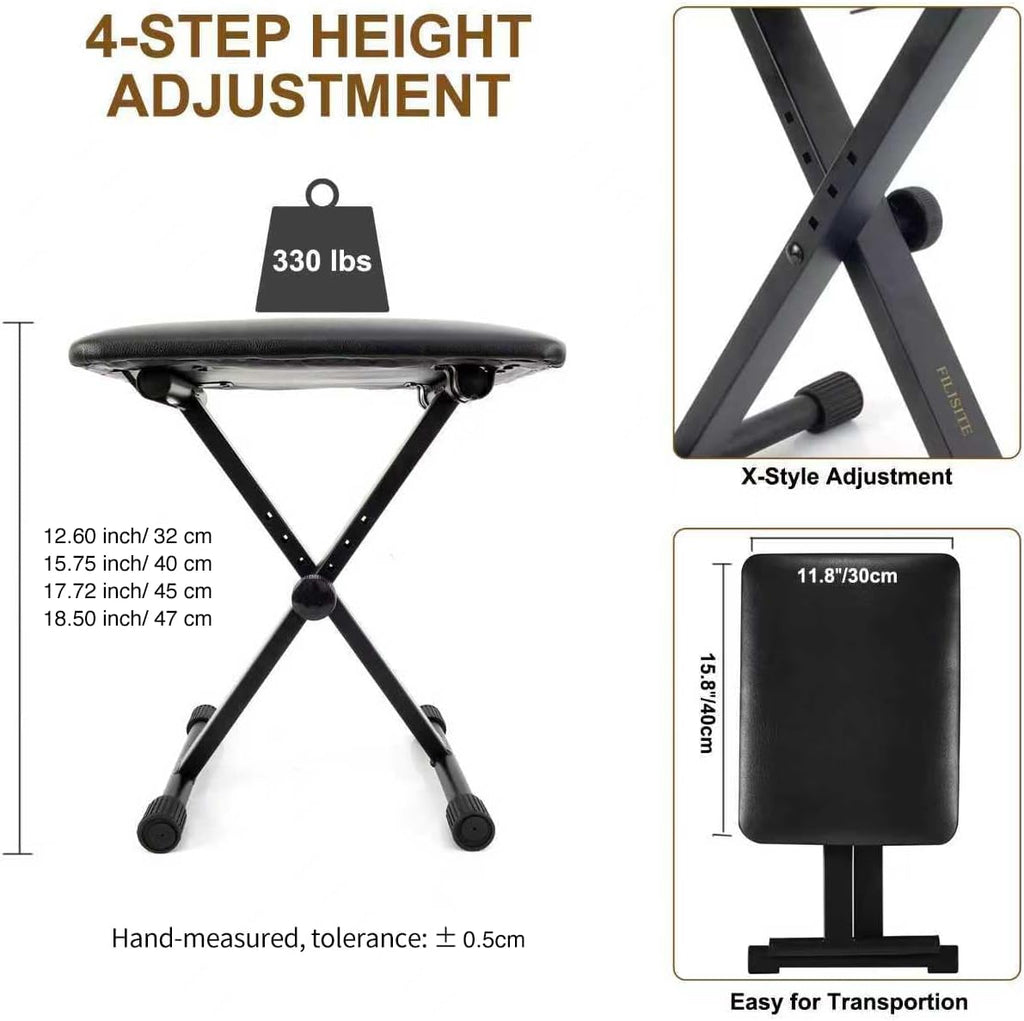 keyboard bench x-style height adjustable padded cushion foldable, close-up detail