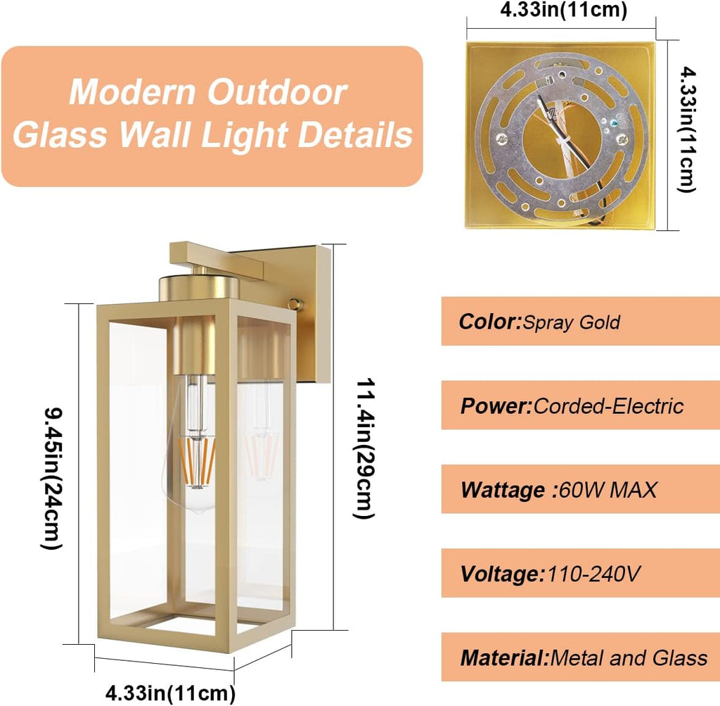 Tipace Outdoor Wall Lantern 2 Pack Gold Exterior Wall Sconce with Clear Glass Shade Wall Mount Lights for Entryway,Porch,Doorway(Bulb Not Included)