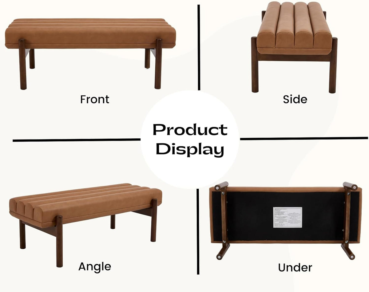 EALSON 47 Inch Entryway Bench Leather Upholstered End of Bed Bench Bedroom Bench with Cylindrical Cushion and Walnut Legs Modern Comfy Long Ottoman Bench for Bedroom Living Room, Brown