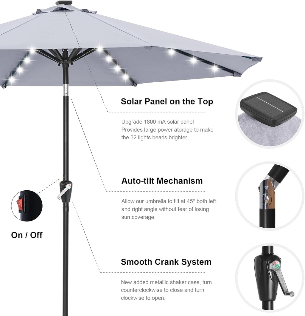 ABCCANOPY Solar Led Patio Umbrella with 32 Lights 9FT(Light Gray)