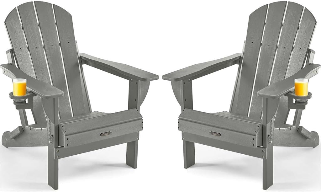 Ciokea Folding Adirondack Chairs Set of 2 with Cup Holder, HDPE, Grey