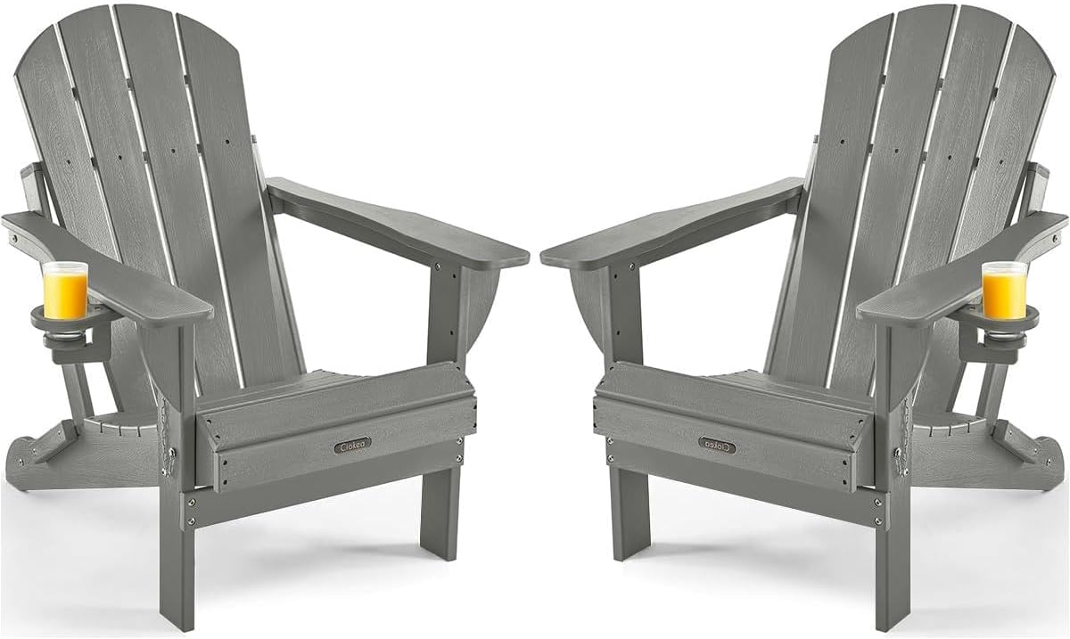 Ciokea Folding Adirondack Chairs Set of 2 with Cup Holder, HDPE, Grey