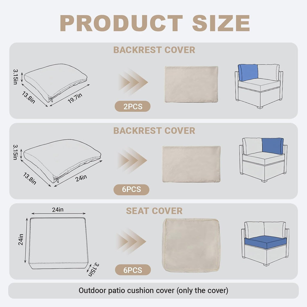 Loungewave Outdoor Cushion Covers Set, Patio Cushion Covers (Beige, 14Pcs-M)
