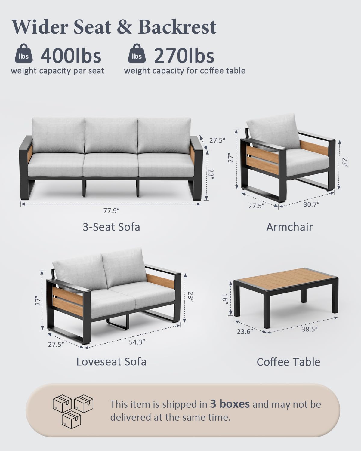 ZANDOR Aluminum Outdoor Patio Furniture Set with Table,5 Seat, Grey