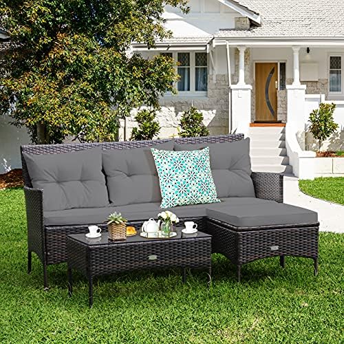 Tangkula 3 Pieces Patio Conversation Set, All Weather Outdoor PE Rattan Wicker Furniture Set with Padded Cushions, Tempered Glass Coffee Table, for Poolside, Backyard, Garden (Gray)