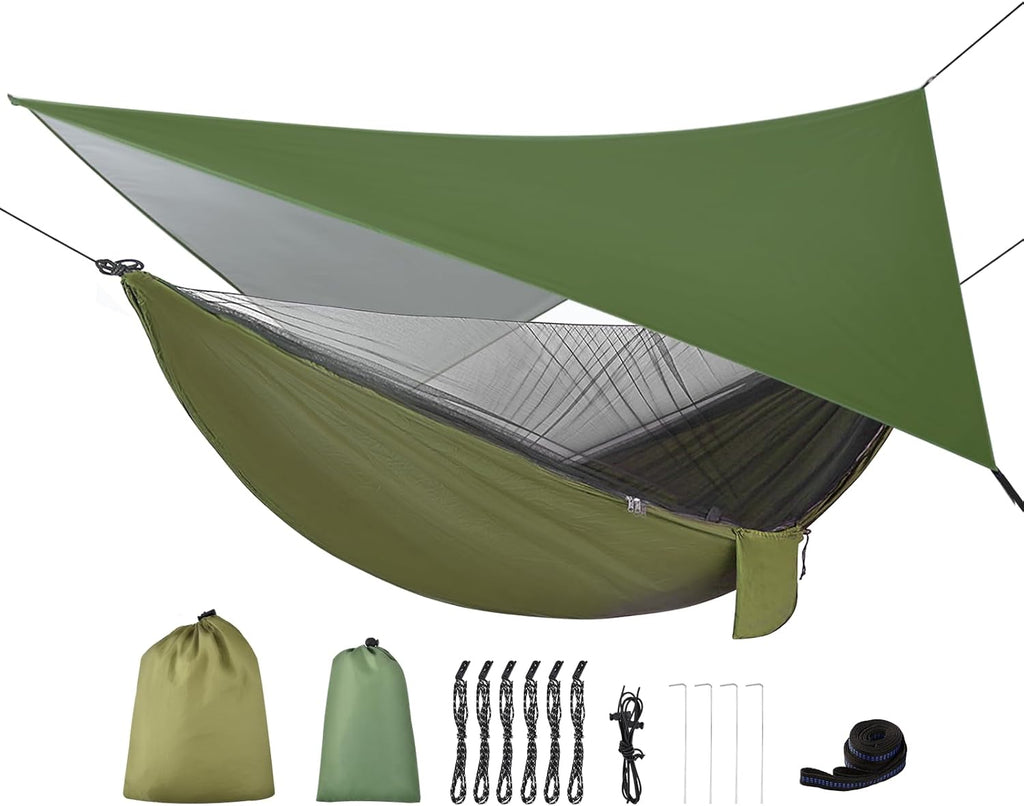 Camping Hammock with Rain Fly Tarp and Mosquito Net Tent Tree Straps, Portable Single Double Nylon Parachute Hammock Rainfly Set for Backpacking Hiking Travel Yard Outdoor Activities Green