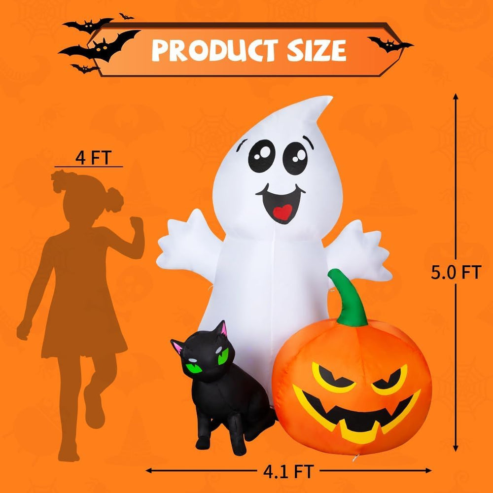COMIN Halloween Inflatable 5FT Ghost with Black Cat and Pumpkin, Built-in LED...