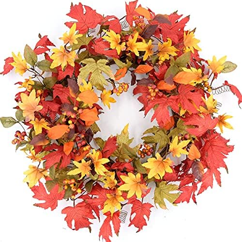 Idyllic 20 Inch Fall Wreath for Front Door - Maple Leaves Autumn Wreath for Thanksgiving, Halloween, Wall, Front Porch Home Decoration