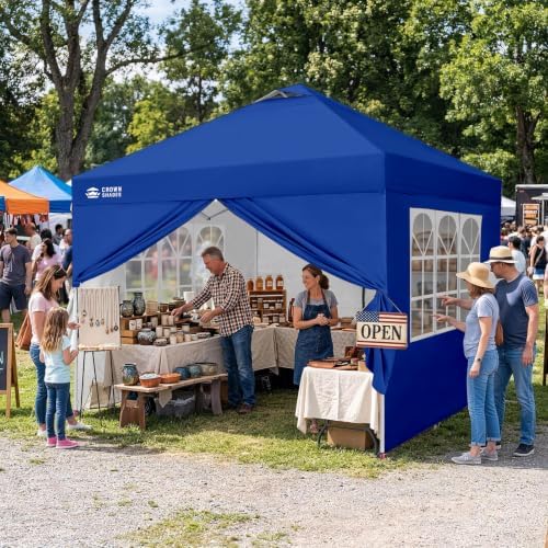 CROWN SHADES 10X10 Pop Up Canopy Tent with Sidewalls, One-Push Setup, Blue