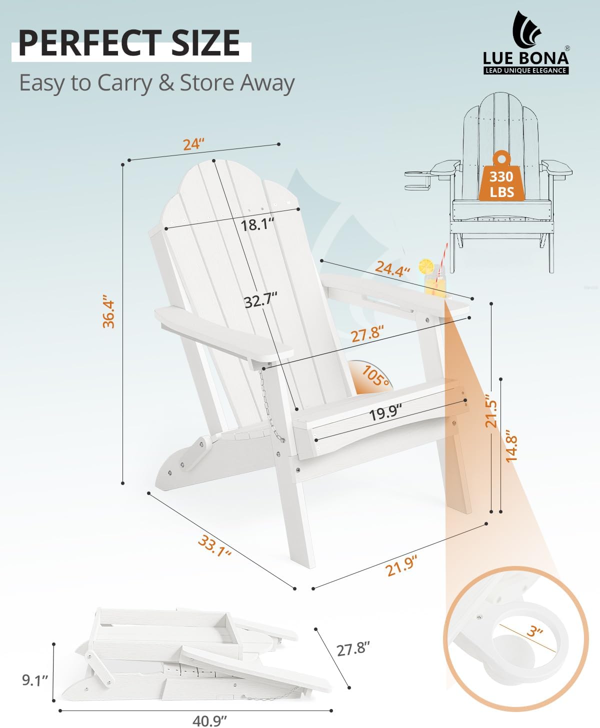 LUE BONA HDPE Folding Adirondack Chair, Cup Holder, Set of 2, White
