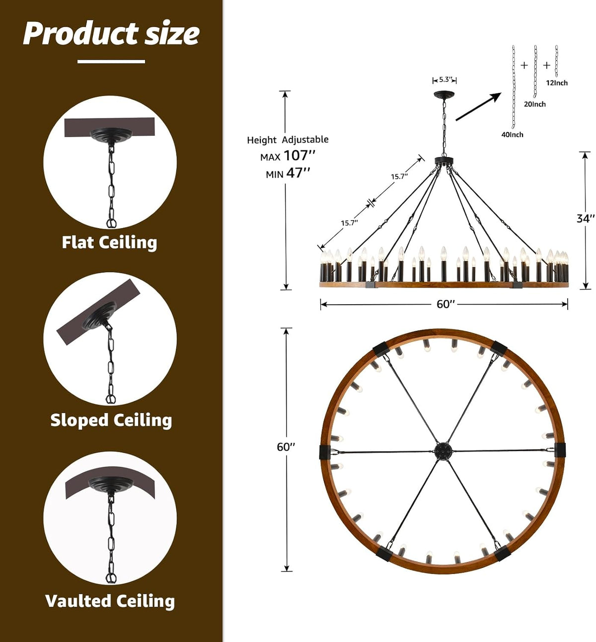 60-Inch Wagon Wheel Chandelier 42-Light Wood Rustic Farmhouse Light Fixture