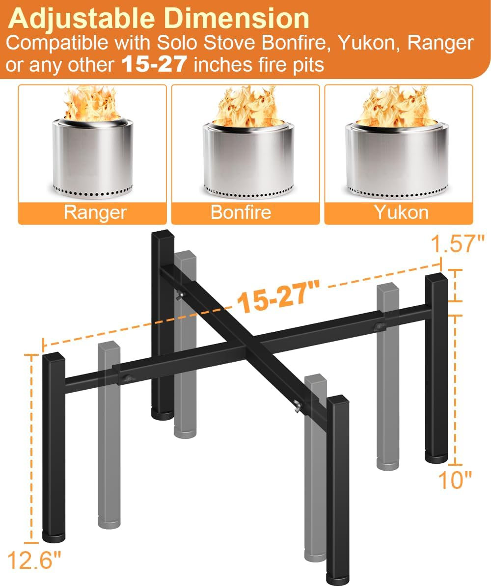Garbuildman 15-27 Inch Universal Firepit Stand for Solo Stove Bonfire Ranger Yukon and Other 15-27" Outdoor Fire Pit, Metal Fire Pit Accessory for Outside Firepit, Outdoor Fireplace Tools, Black