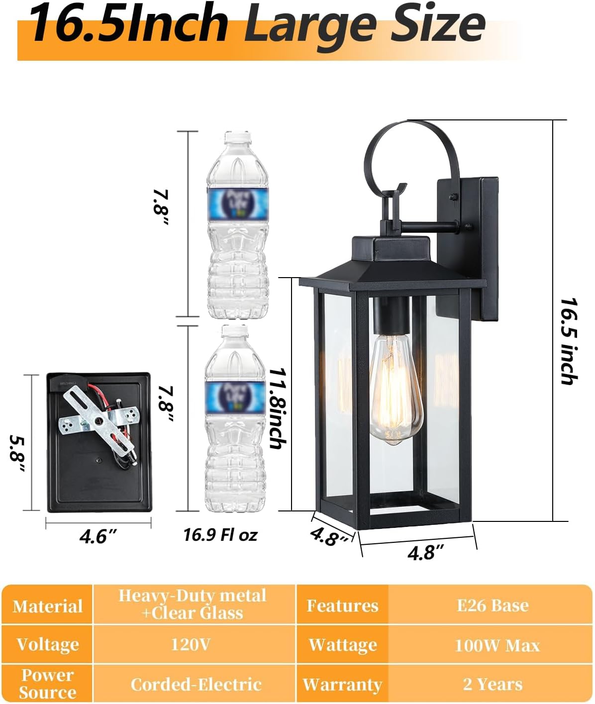 17" Large Outdoor Wall Lights for House 2-Pack, Matte Black