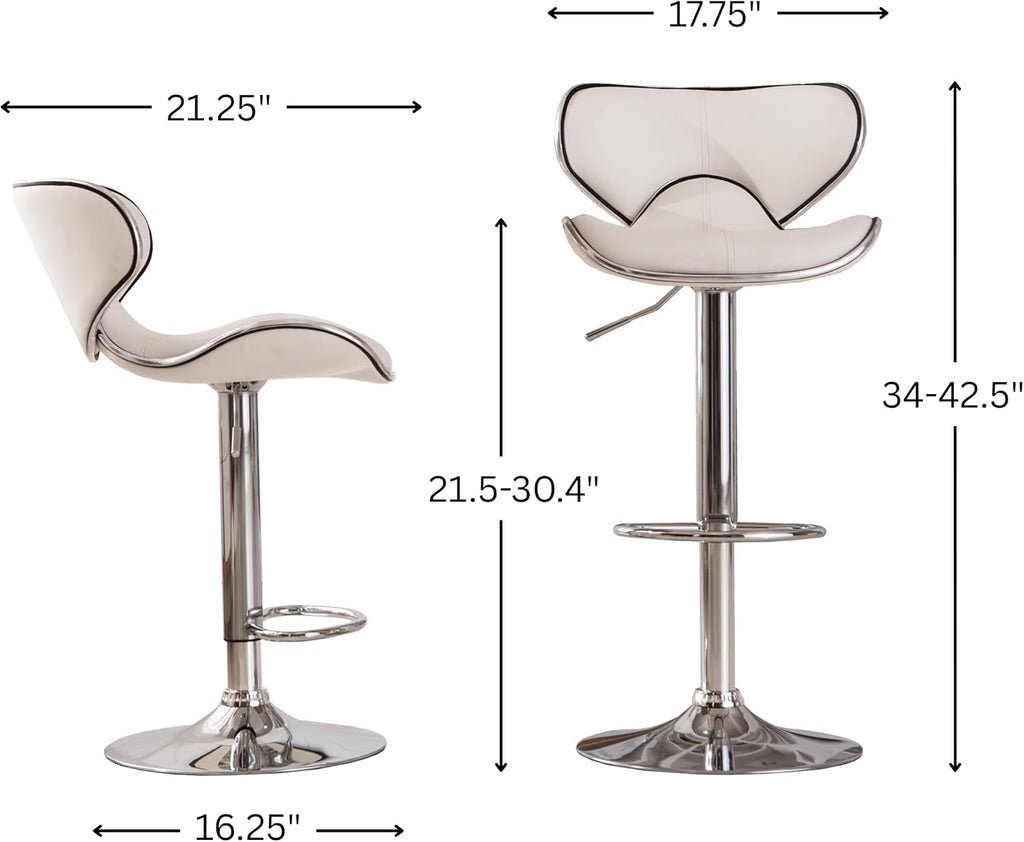Roundhill Furniture Masaccio Cushioned Leatherette Upholstery Airlift Adjustable Swivel Barstool with Chrome Base, Set of 2, White
