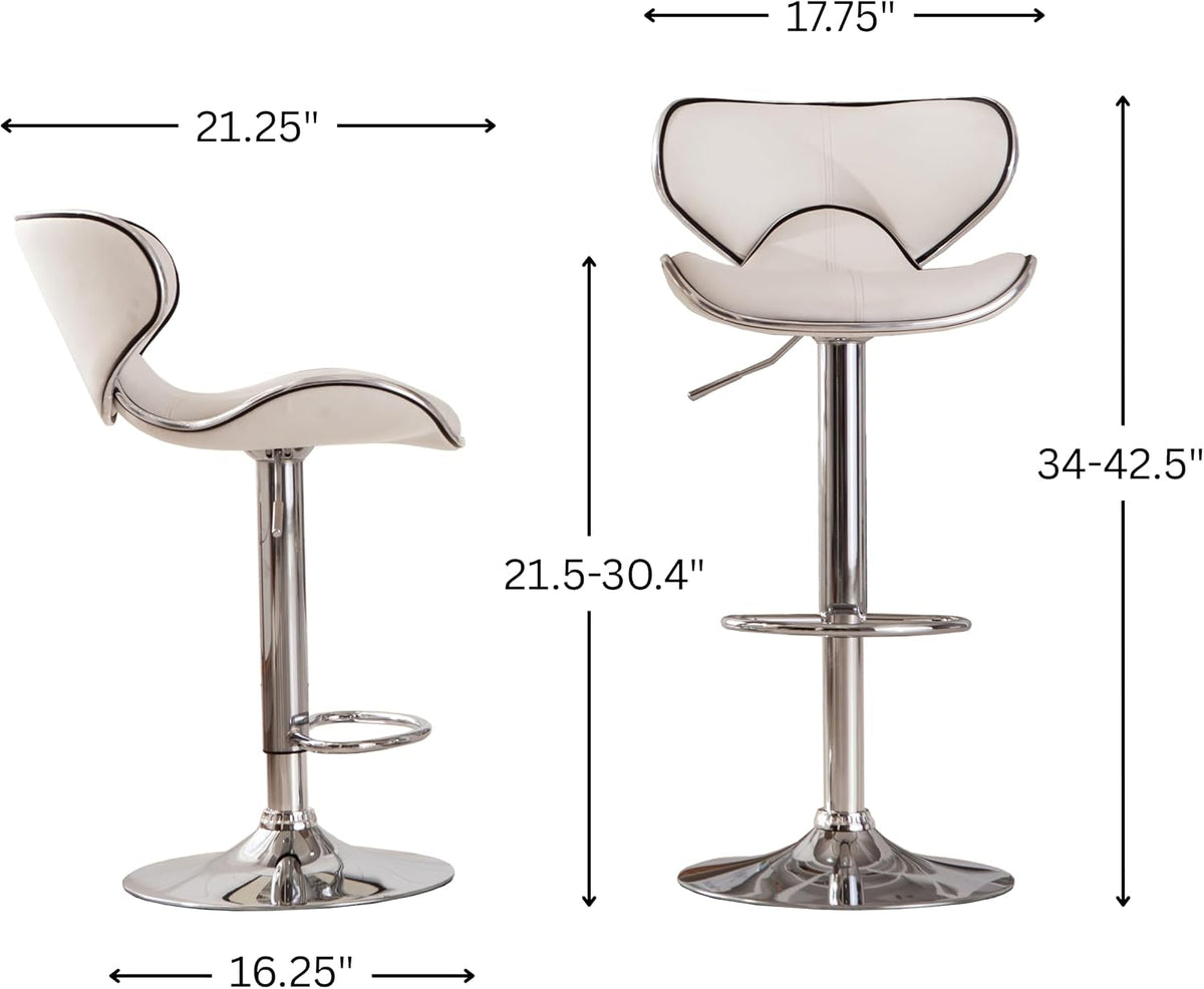 Roundhill Furniture Masaccio Cushioned Leatherette Upholstery Airlift Adjustable Swivel Barstool with Chrome Base, Set of 2, White