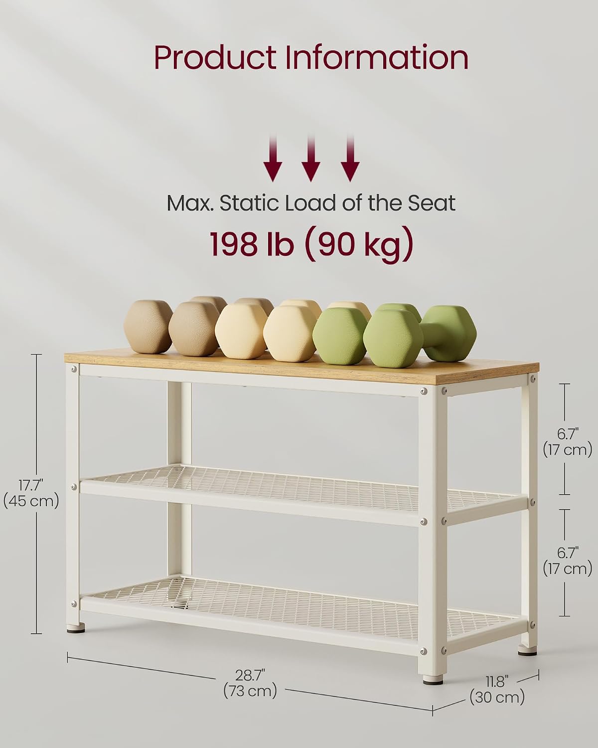 vasagle 3-tier shoe rack, storage bench with metal, close-up detail