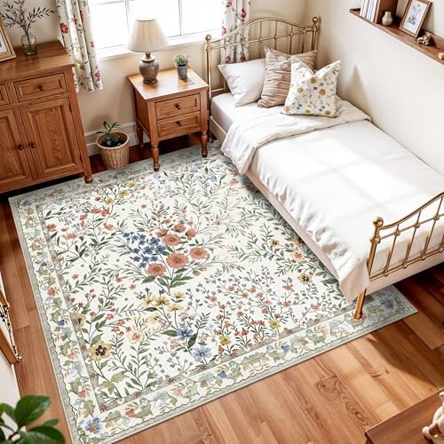 6x6 Washable Area Rug Living Room: Floral Non-Slip Washable Mat for Indoor Floor Dining Room Bedroom High Traffic Area - Soft Low Pile Carpet for Vintage Boho Home Decor (6ft Square, Beige)
