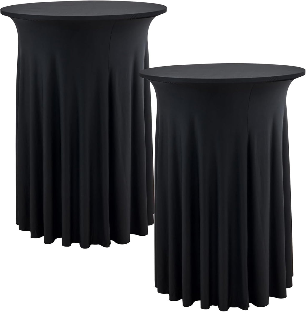 2 pk Black Cocktail Table Cloth Round 32×43in-High Top Highboy Bar Cocktail Tablecloths-Wrinkle Free Stretchy Fitted Spandex Table Covers with Ruffle Desk Skirt for Wedding Banquet Party Tables