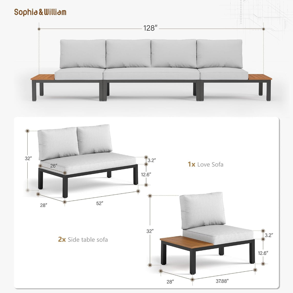Sophia & William 4-Seat Metal Patio Sofa Sectional Set with Gray Cushions