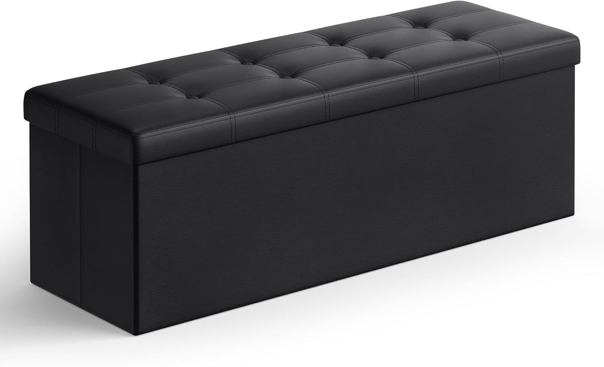 SONGMICS MAZIE Collection - 43 Inches Folding Storage Ottoman Bench, Ottoman with Storage, Foot Rest Stool, Load 660 lb, for Living Room, Synthetic Leather, Black ULSF701