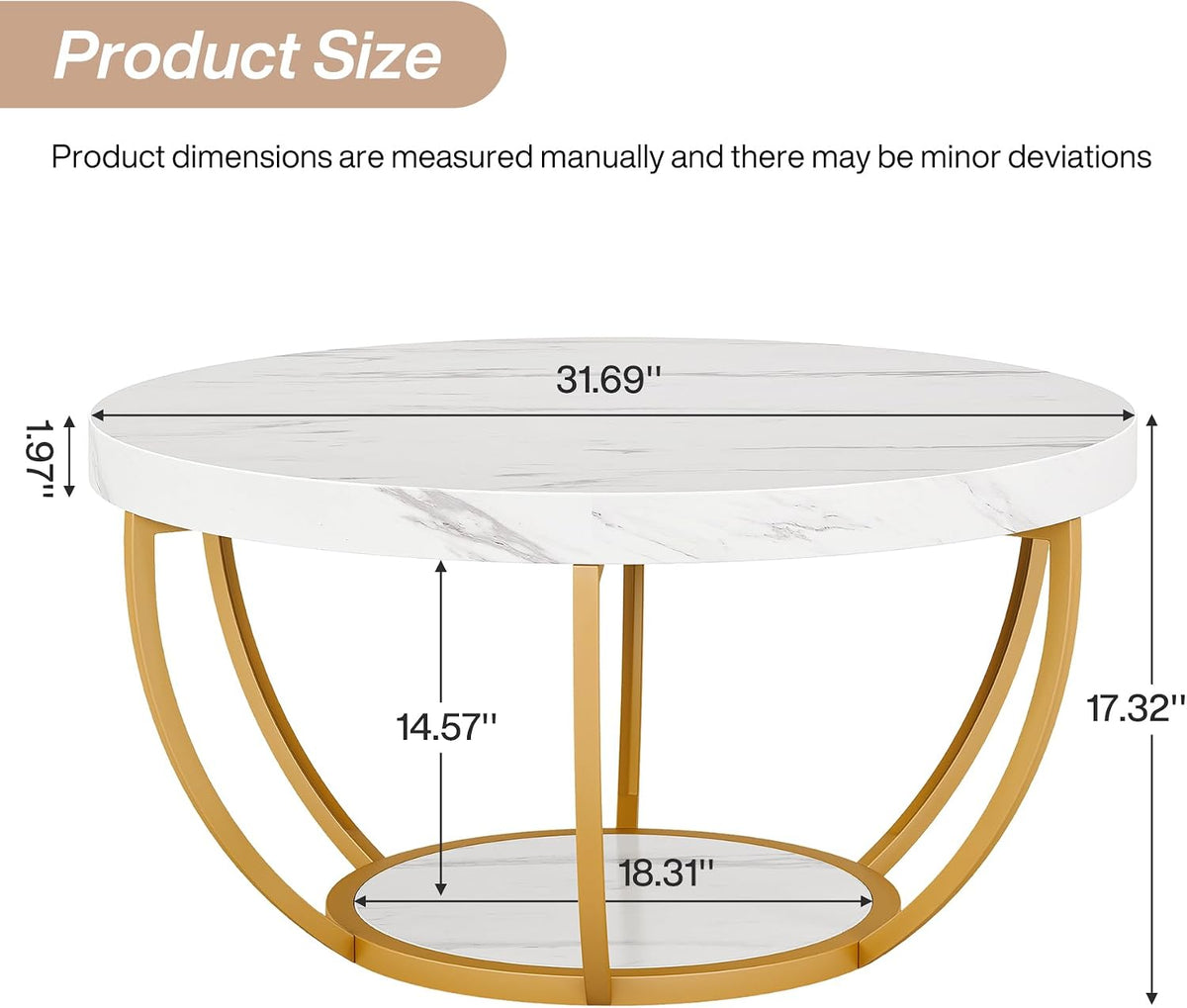 Tribesigns White and Gold Round Coffee Table, 31.7" Living Room Table