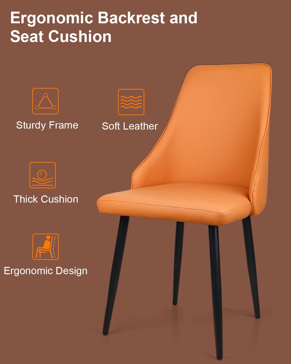 Mid-Century Modern Dining Chairs, Set of 2 Orange Leather Upholstered High Back Farmhouse Kitchen Chairs with Sturdy Metal Legs Ergonomic Curved Backrest Accent Chair for Kitchen Living Room/Kitchen
