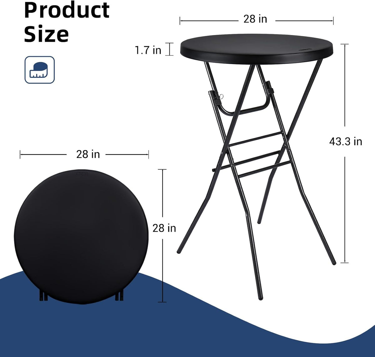 Byliable 28in Cocktail Folding Table, Round High Top Bar Height Black Table