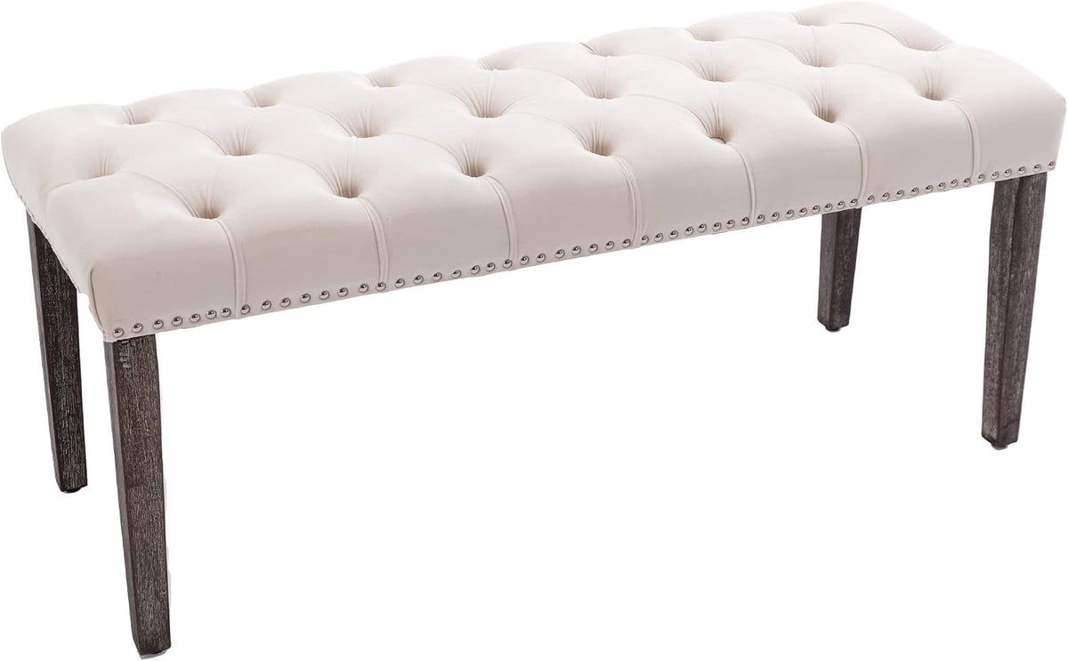 KCC Button-Tufted Ottoman Bench, Upholstered Velvet Bedroom Benches,Beige