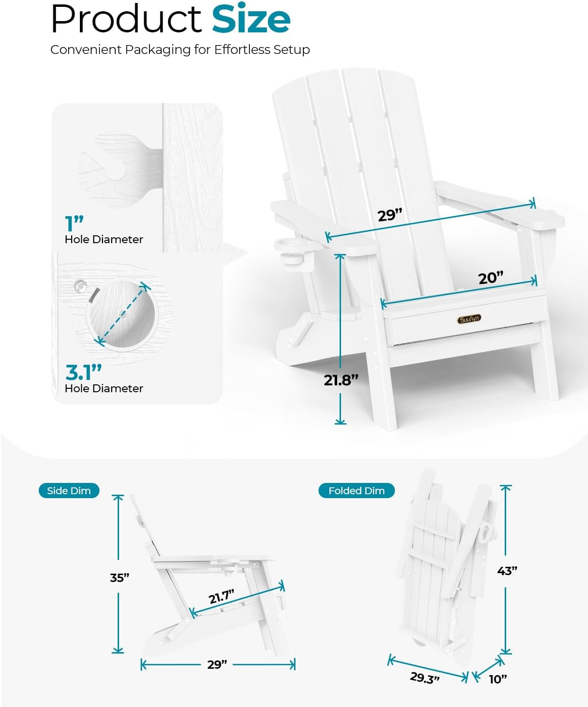 Folding Adirondack Chair, HDPE, 2 Cup Holders, White