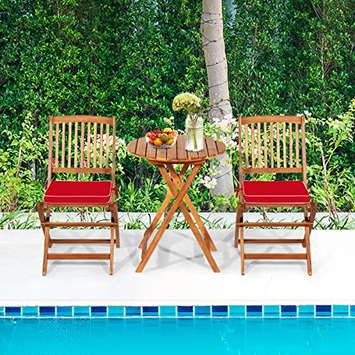 HAPPYGRILL 3 Pieces Patio Bistro Set Table & Chair with Cushions Foldable Wooden Furniture Chairs and Coffee Table for Outdoor Balcony Garden Backyard