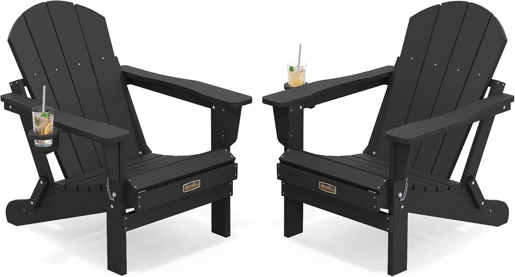 SERWALL Folding Adirondack Chair with Cup Holder Set of 2, Fire Pit - Black