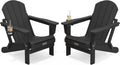 SERWALL Folding Adirondack Chair with Cup Holder Set of 2, Fire Pit - Black