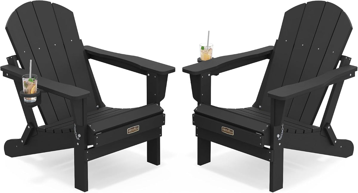 SERWALL Folding Adirondack Chair with Cup Holder Set of 2, Fire Pit - Black