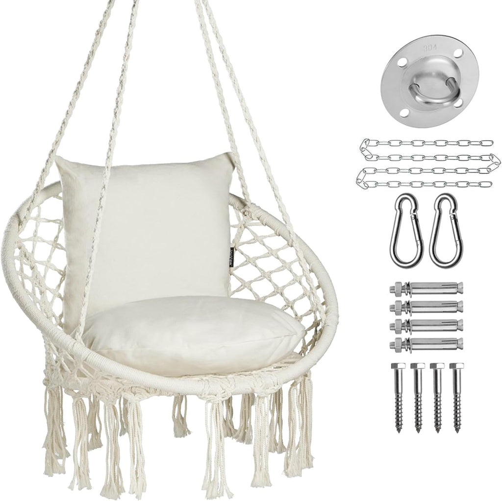 joyview macrame hammock chair, hanging chair with 2 shown in use