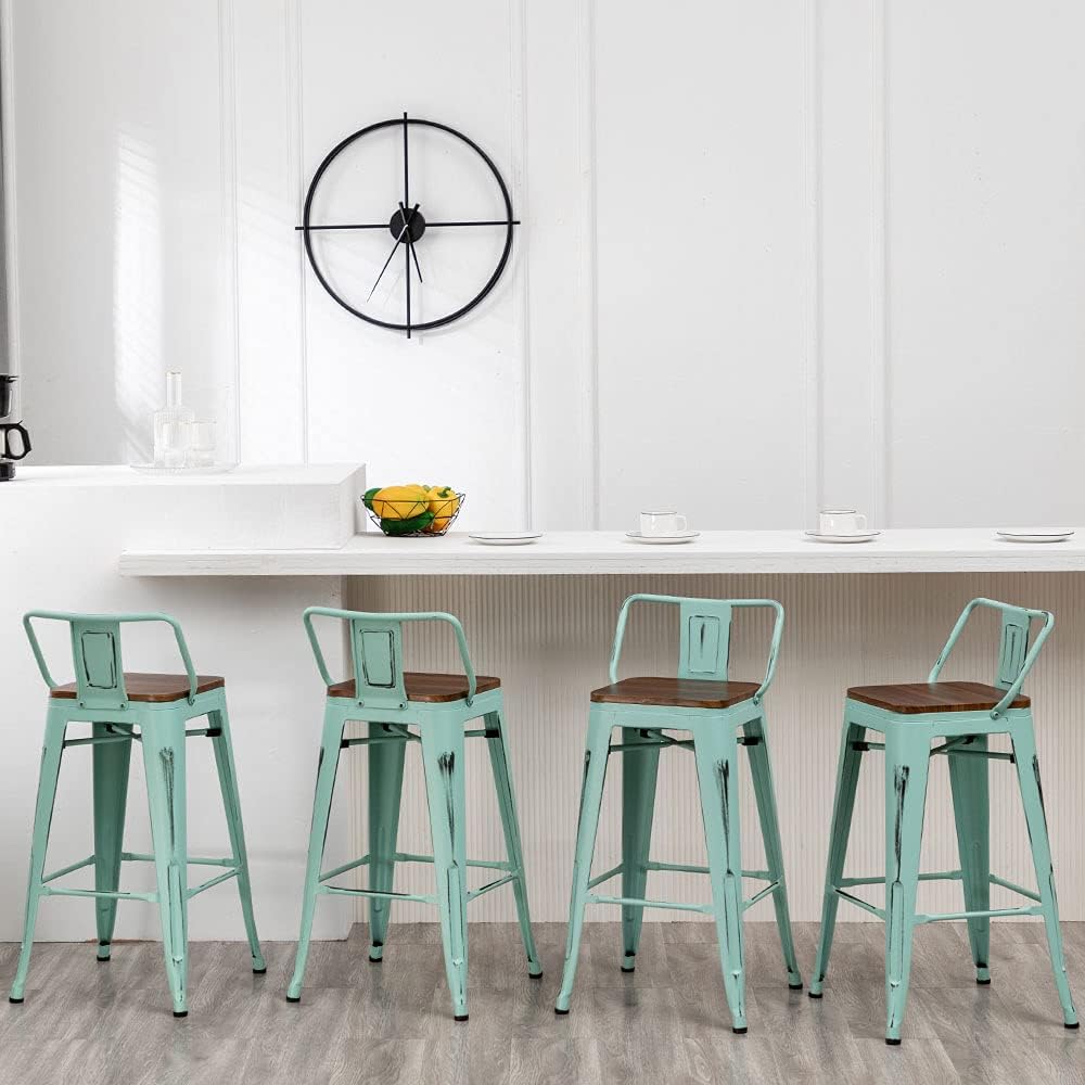 Andeworld Bar Stools Set of 4, 26" Distressed Barstools, Green Blue