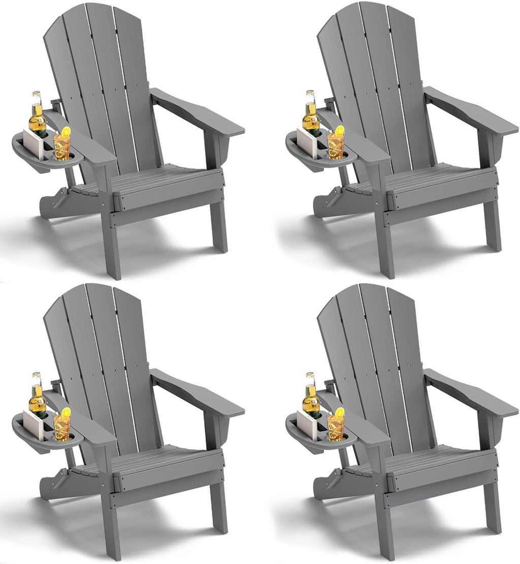 NAVINE Folding Adirondack Chairs Set of 4 with 4-in-1 Cup Holder, Grey