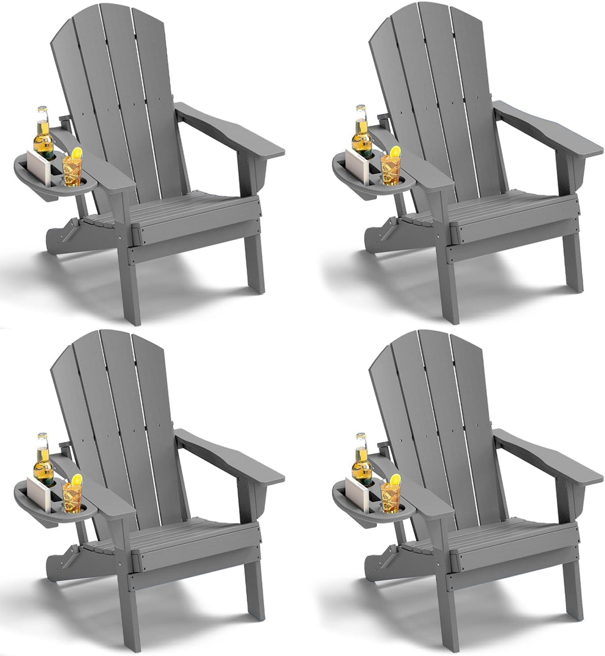 NAVINE Folding Adirondack Chairs Set of 4 with 4-in-1 Cup Holder, Grey