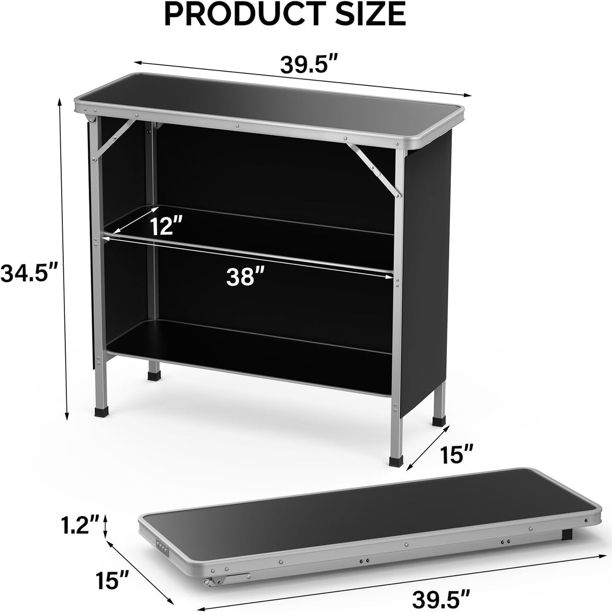 VINGLI Camping Table, Aluminum Portable Bar Table 39''L x 34''H, 2-Tier Storage Shelves, Removable Oxford Cloth, Carrying Bag, Lightweight Folding Table for Events, Outdoor, Party, Picnic