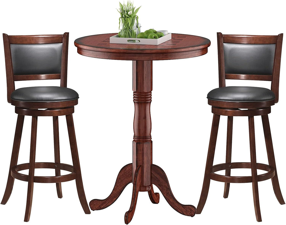 3 Piece Bar Table and Chairs Set, Round Counter Height Dining Table with Chessboard, 2 Upholstered Swivel Bar Stools, Rubber Wood Frame, Farmhouse Pub Table Set for Kitchen, Bistro