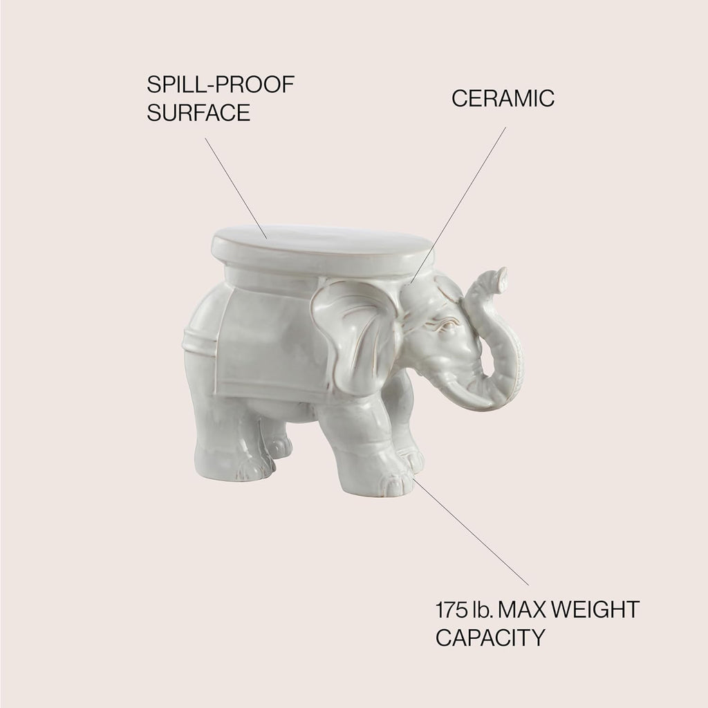 JONATHAN Y White Elephant Ceramic Garden Stool 14.25", Antique White