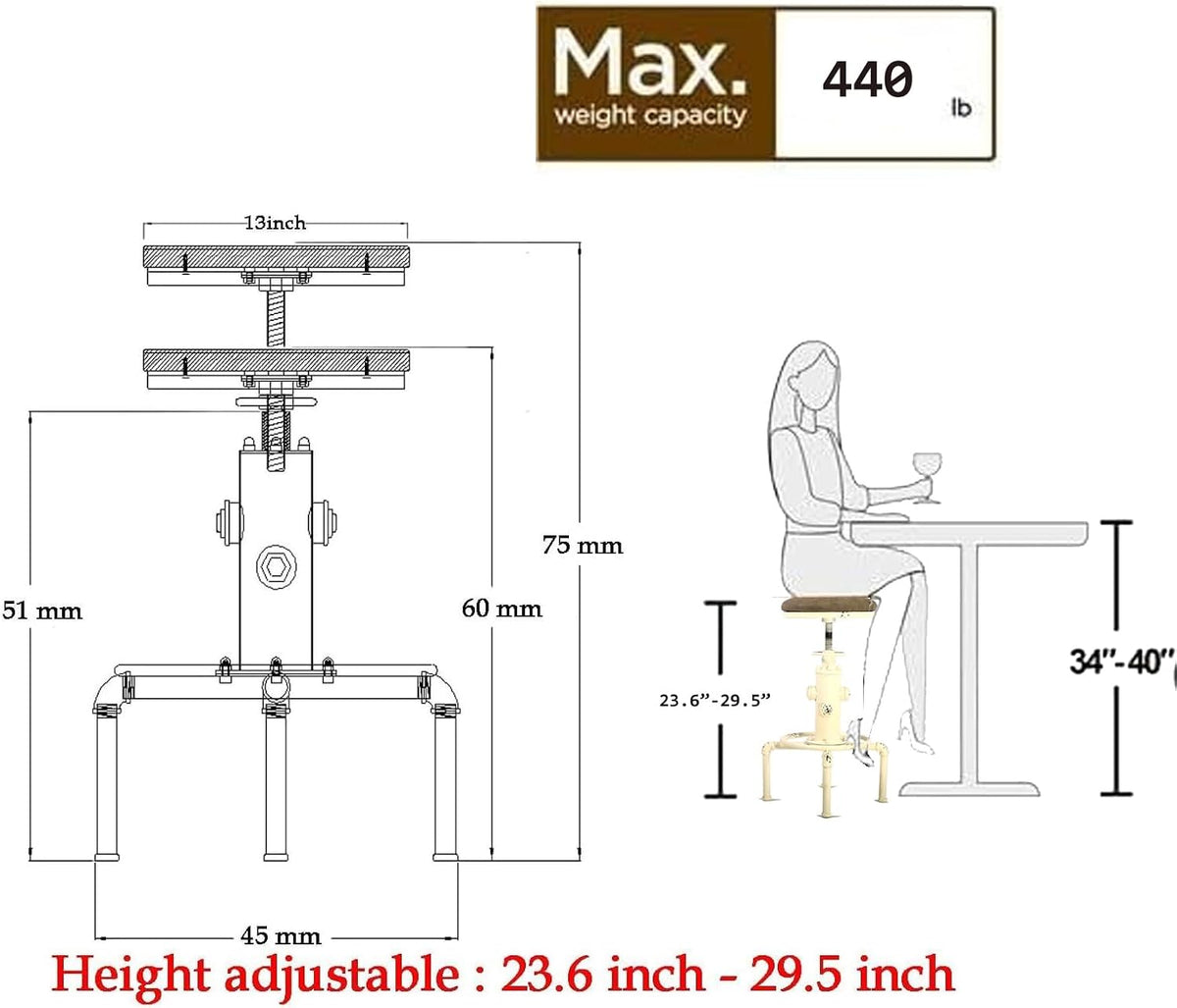 Topower Aged Antique Vintage Industrial Barstool Solid Wood Water Pipe Fire Hydrant Design Cafe Coffee Industrial Bar Stool Set of 2 Antique White
