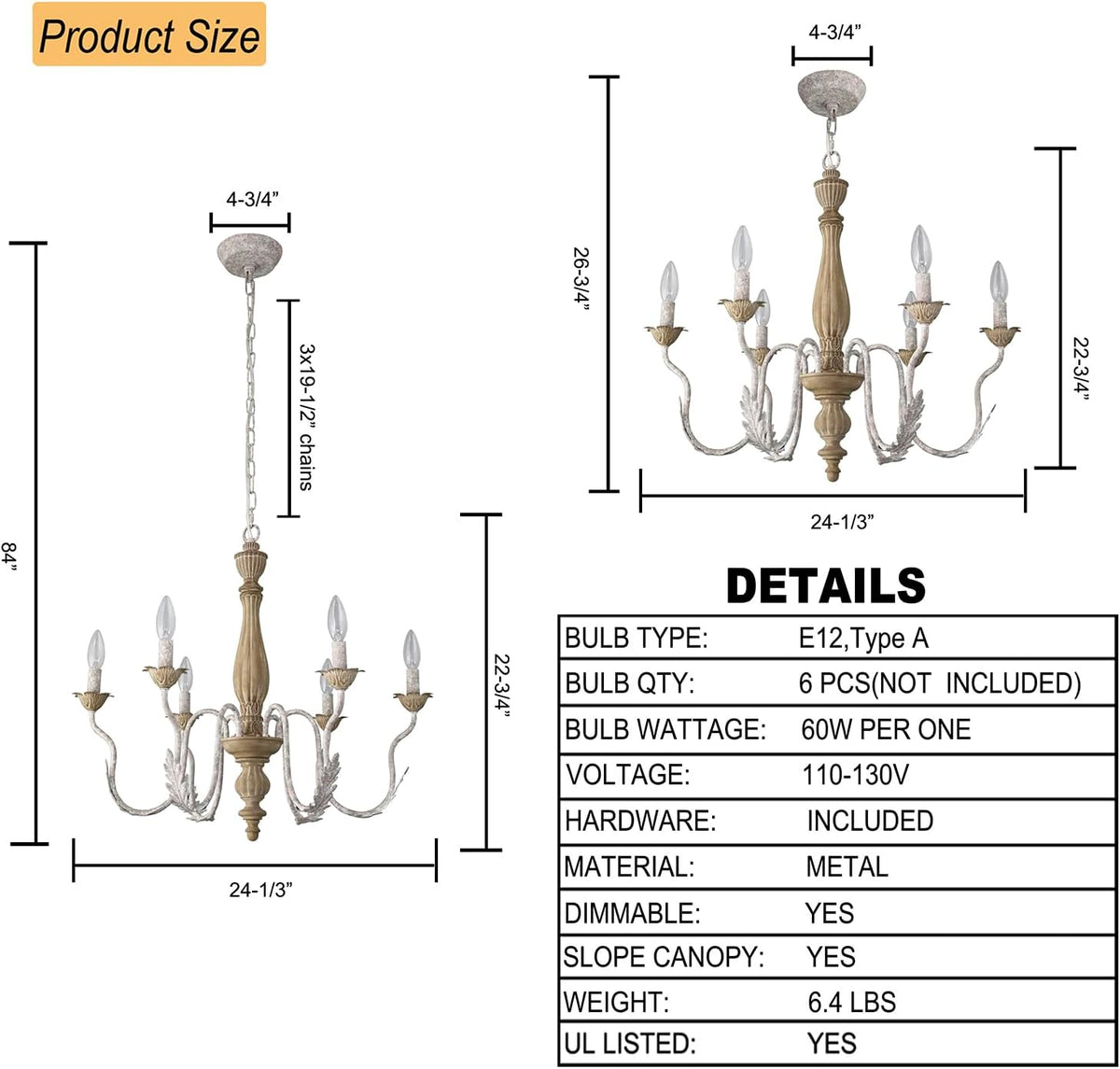 6-Light French Country Chandelier for Dining Room